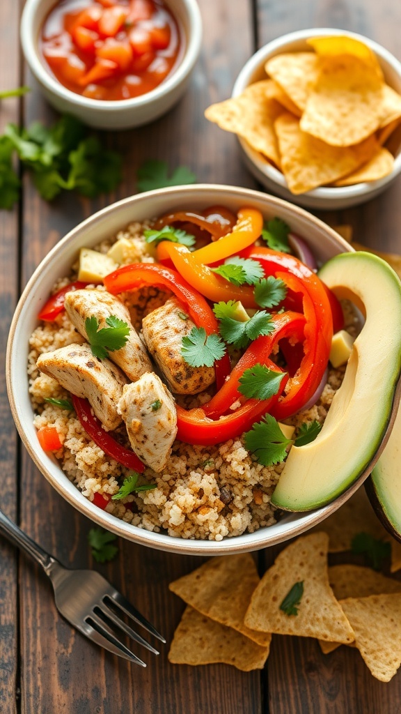A colorful quinoa chicken fajita bowl with chicken, bell peppers, and avocado, served with salsa and tortilla chips.